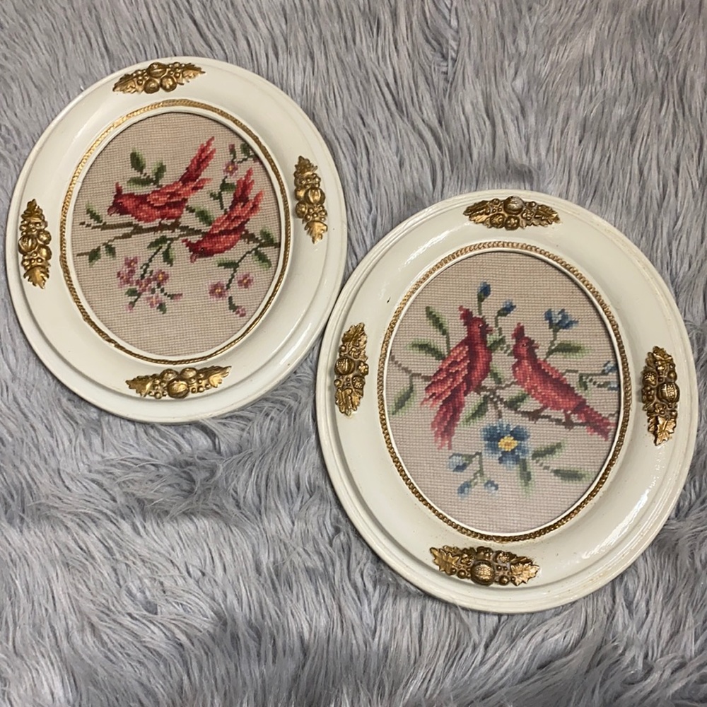 Round vintage frames with needlepoint cardinals